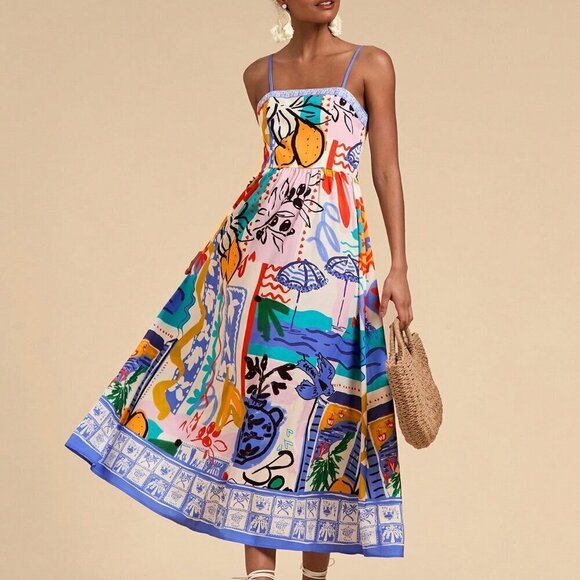 Dresses & Skirts - Multicolor Boho Women's Vacation Woven Printed Spaghetti Strap Dress